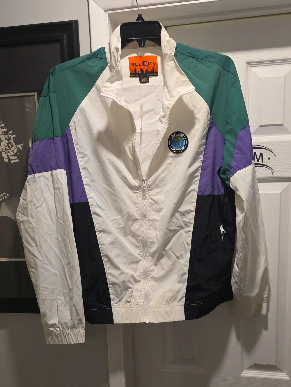 Just Don White, Green & Purple Colorblock Bomber Jacket